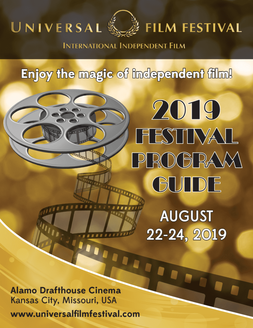 A film festival program cover with a movie reel and the words " enjoy the magic of independent films ".