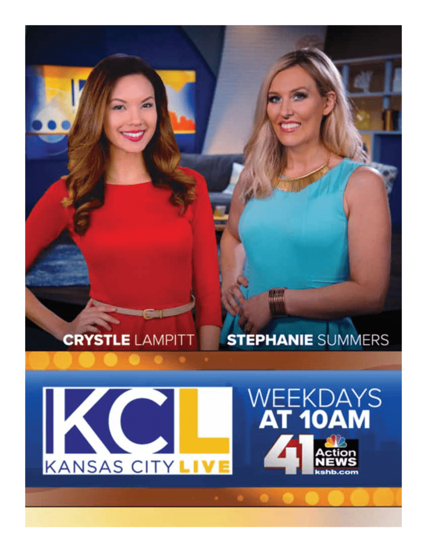 Two women are posing for a picture on the kcl news set.